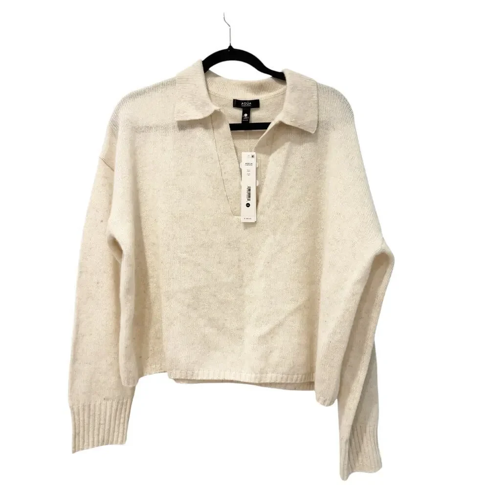 Aqua Cashmere Long Sleeve Polo Pullover Sweater Exclusive In Ash Size XXL NWT